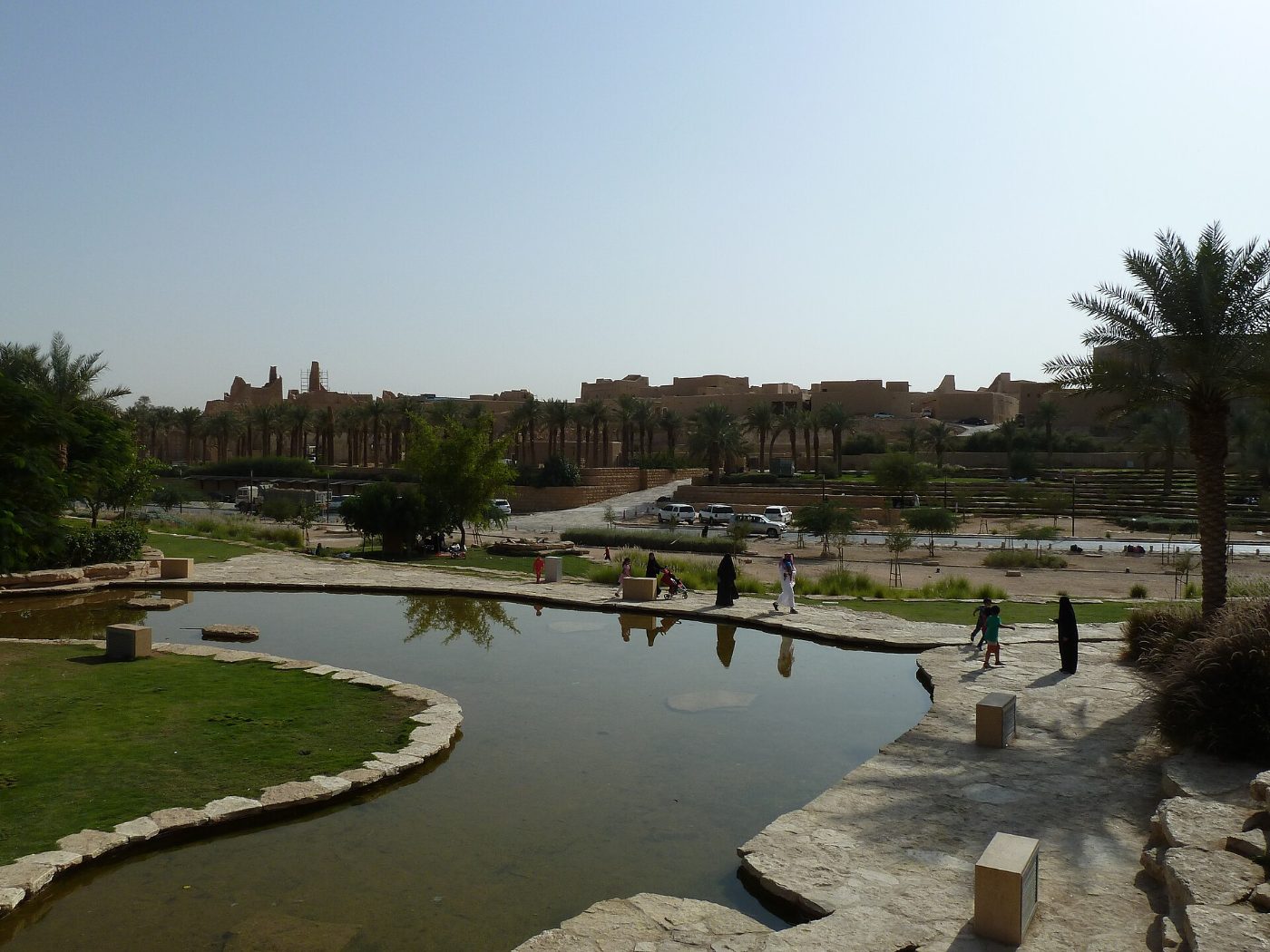 At-Turaif in 2015, mid-restoration, seen across the wadi while the site was closed